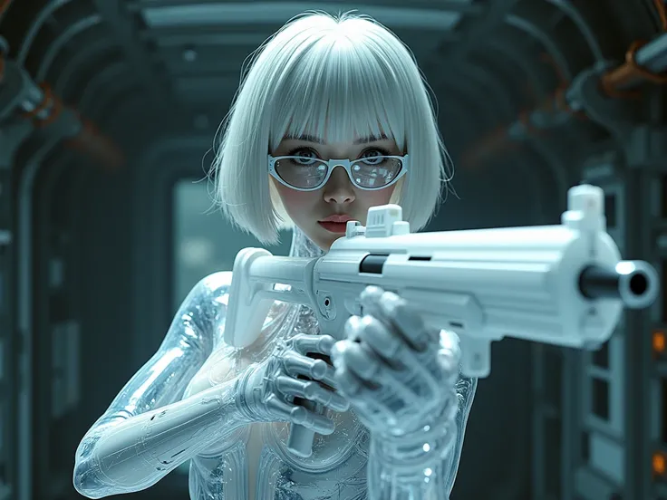  transparent female android 、Thin meTallic sunglasses、 right arm fused with gun 、The left arm is fused with a meTallic sword.、Cyberface 、Backlight、reflection、Gross、 holding a white gun in sniper pose、narrowed eyes and serious expression 、short bob white ha...