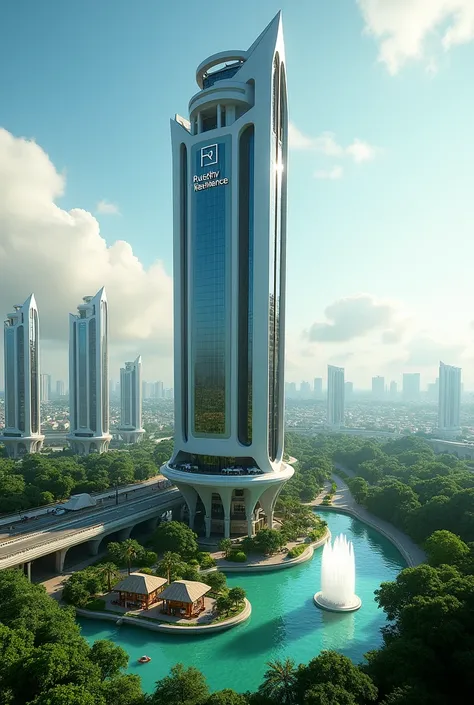 Generate a futuristic big  Luxury TOWER HOTEL, Modern variation building, with the logo RUSDHY Recydence, the fountain gushes beautifully, Large Garden, lake bridge, Green City And Natural Settings As Well There Is A Highway, Green City, surrounded by many...