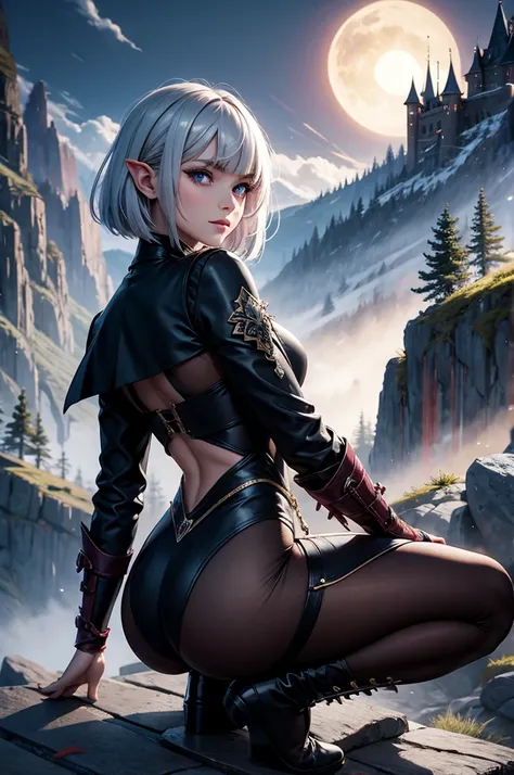 ( super detailed face ,  Looking Back ,  Fantasy illustration with Gothic style ,  Ukiyoshi,  Comic art , rich colors), 
[break 
( It is a steep ,  5 points Rocky Mountain ,Elevation 000 m .  Due to fog ， poor visibility .  white mist spreading .), 
[break...