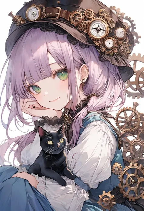 (white background:1.3), Masterpiece, Best quality, Amazing quality, Very aesthetic, Absurdres, Newest, Pastel colors, Colorful, ///, girl, pale purple hair, low twintails, blunt bangs, green eyes, gentle smile,blue long skirt, Steampunk, gears, map, black ...