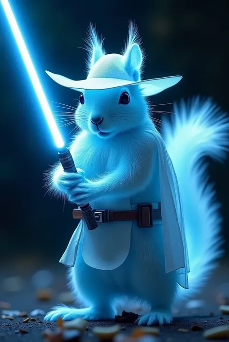 Make a transparent blue ghostly squirrel cowboy hat with a Jedi knight outfit and a blue light sabre like Star Wars