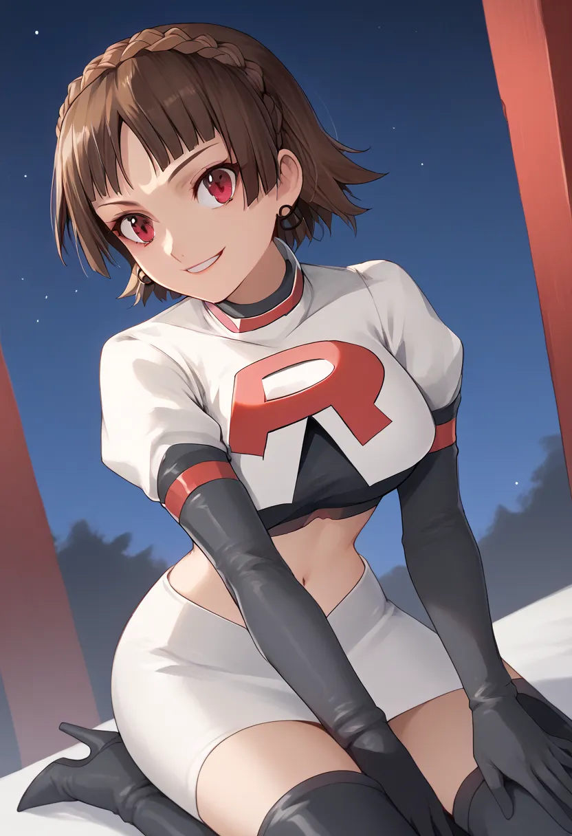 team rocket, team rocket uniform, red letter r, white skirt,white crop top,black thigh-high boots, black elbow gloves, evil smil...