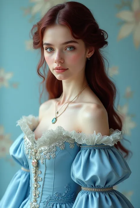 Beautiful girl with light honey eyes  ,  long wavy burgundy hair ,  in a beautiful and large light blue Victorian dress 