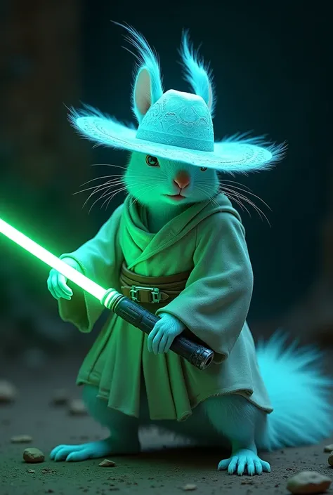 Make a transparent blue ghostly squirrel cowboy hat with a Jedi Knight outfit and a green light sabre like Star Wars