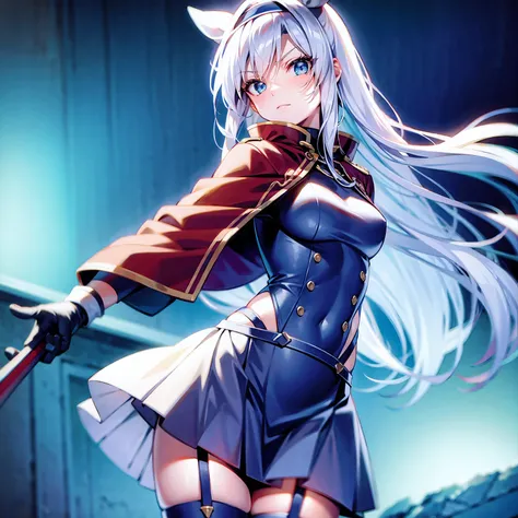 anime, one girl ,White Hair, blue eyes, flat chested, jacket, skirt, slim figure without arms,Extreme low angle,Hands on Hips,aiming a katana at viewer,with shining in red lines were shiny and luminous