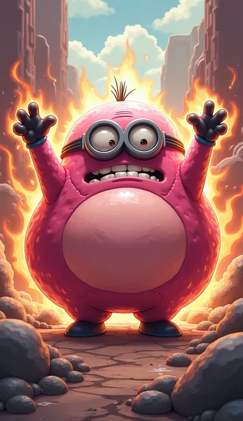  A Minion looking like Majin Buu , with a plump, rose-colored body .  Hes making a mischievous grimace ,  about to launch an energy attack ,  in a colorful and eccentric atmosphere."