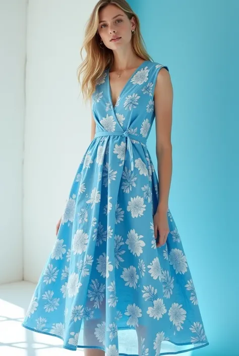 A block dress design with cyan blue and white color with floral block prints on them