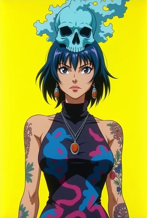 Vintage, Anime, soft grain, 90s anime screen cap, Inspired by Castle in the Sky, Fist of the North Star, Princess Mononoke, Cowboy Bebop and Trigun artsyle. Female, wearing a high-neck, sleeveless top with a dark background and vibrant, abstract patterns i...