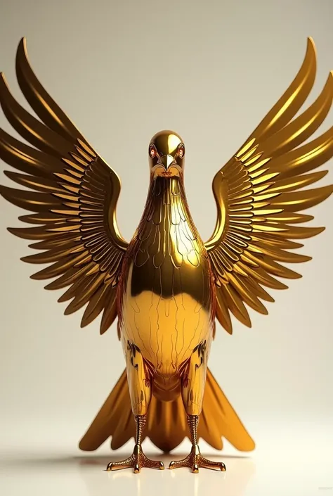 A golden metal pigeon full frontal view with its wings wide open