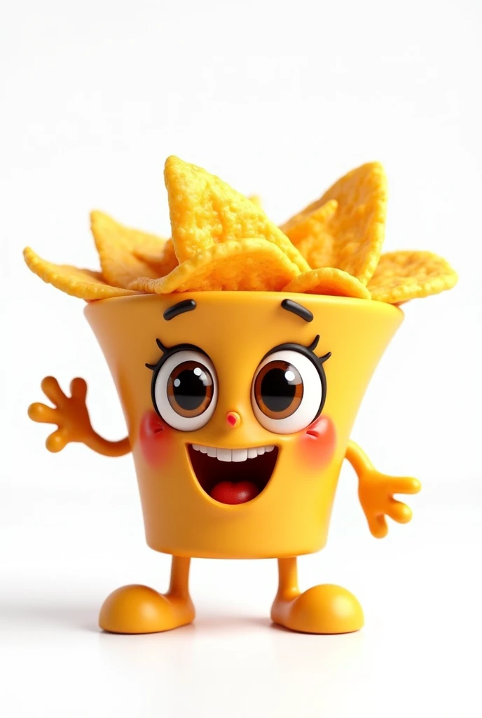 A nacho with a white background, Has eyes, legs and hands, y is animated  ( cartoon )