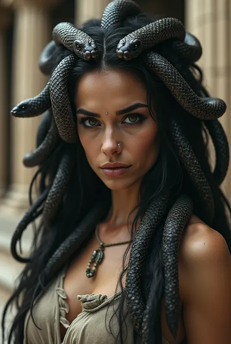 The Greek goddess Medusa in a hyper-realistic style, portrayed as a human woman in front of an ancient temple, looking directly at the camera. I want the image to have neutral tones, with a mysterious atmosphere. Instead of hair, she has detailed, realisti...