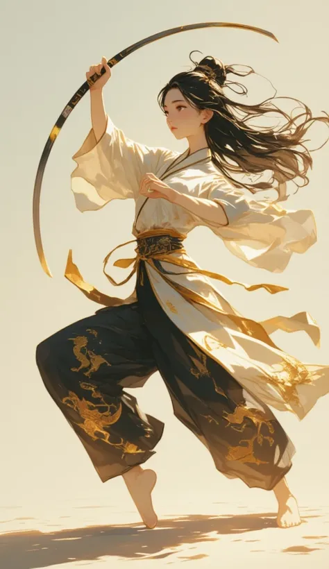 A detailed portrait of a young Chinese woman gracefully dancing with her sword. Her long, jet-black hair flows freely, reaching down to her knees, shimmering with a soft natural sheen. She wears an elegant traditional martial artists outfit made of fine si...