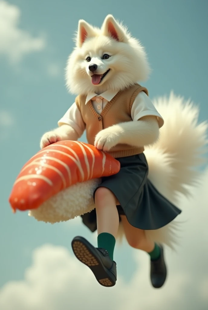 (( best quality)), ((masterpiece)), ((photograph)),  Real Female Samoyed wears an off-white collared short sleeve shirt, a light brown vest with a closed front, a knee-length black skirt, dark green socks, and black shoes、A female Samoyed flying through th...