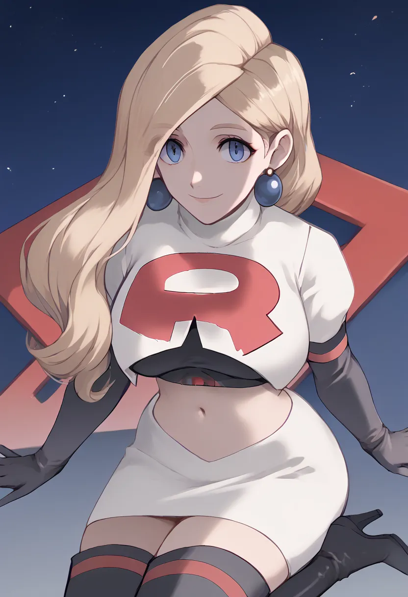 team rocket, team rocket uniform, red letter r, white skirt,white crop top,black thigh-high boots, black elbow gloves, evil smil...