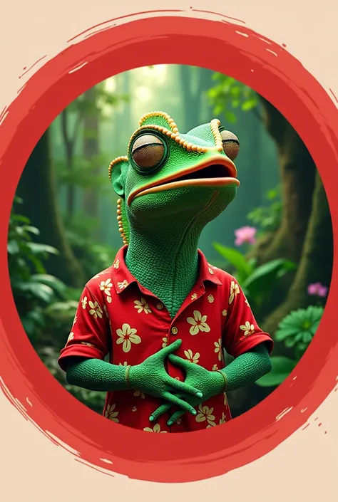  Circular ,  red image for social networks, with a green chameleon , wearing a red floral print shirt,  Laughing to death showing her teeth , Hand in hand in the belly in a lush forest