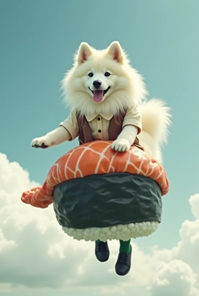 (( best quality)), ((masterpiece)), ((photograph)),  Real female Samoyed wears an off-white collared short-sleeved shirt, a light brown vest with a closed front, a knee-length black skirt, dark green socks, and black shoes、Female Samoyed flying in the sky ...