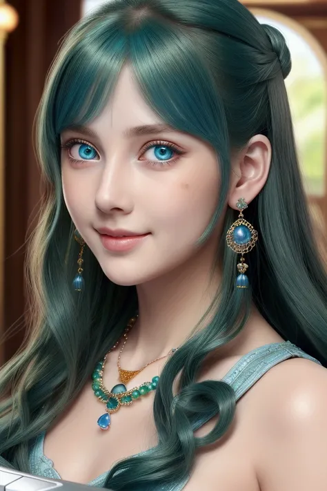  Masterpiece ,  best quality,  Very High Detail , illustration,(1 girl), Beautiful Eyes and Detail,  look at the audience , ( Computer Keyboard Holding ),  happy , ( Blue-Green Hair :1), ( Round Blue Eyes :1), (Round Earrings ), ( Large Blue Gemstone Neckl...