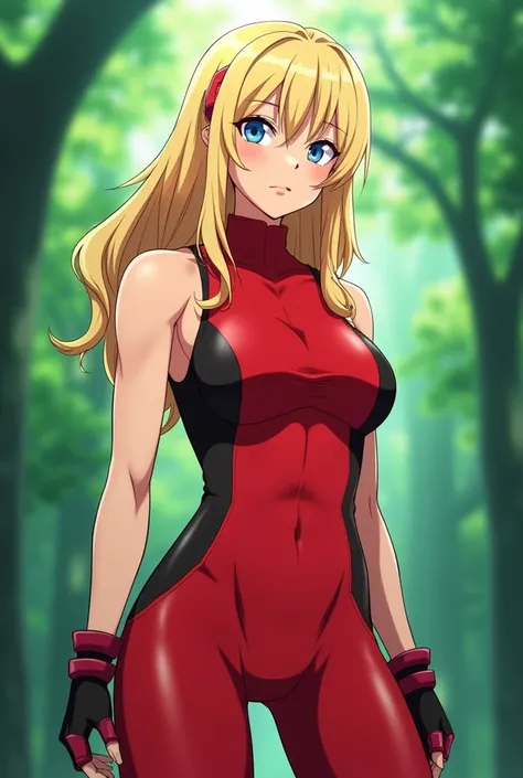  a 29-year-old woman , blonde,  with blue eyes lapizlazuli ,  measures 90, 60, 90;  red Lycra costume Crossfit athlete style,  forest in the background, High school DXD anime style drawing