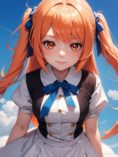 a woman, long hair styled in two ponytails tied with electric blue ribbons, white hair with orange streaks and a subtle sky-orange tint at the tips, ambar eyes, subtle smile, chica de anime con corbata rosa, anime girl named lucy,  anime moe art style ,  a...