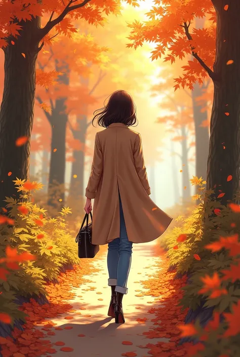 Anime style woman, walking seen from behind, dressed in an elegant mid-length coat, heeled ankle boots, raw blue jeans, handbag, mid-length hair, in an autumn wooded path, magical feeling, photoreal, Oufput resolution, backlighting,