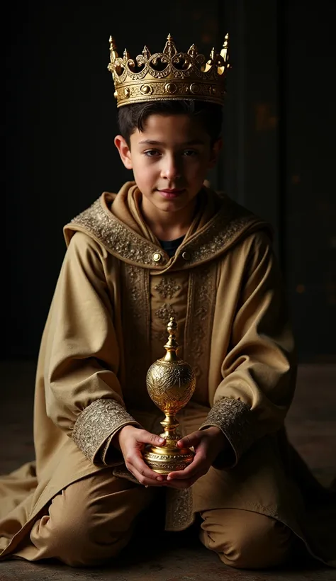  16-year-old,  Hebrew crown wearing royal robes, on your knees, receiving a golden , detailed Face,  tall details, photograph, dark studio, contour light,  Nikon D850 : Câmera  Nikon D850 , 50 mm, F/1.4