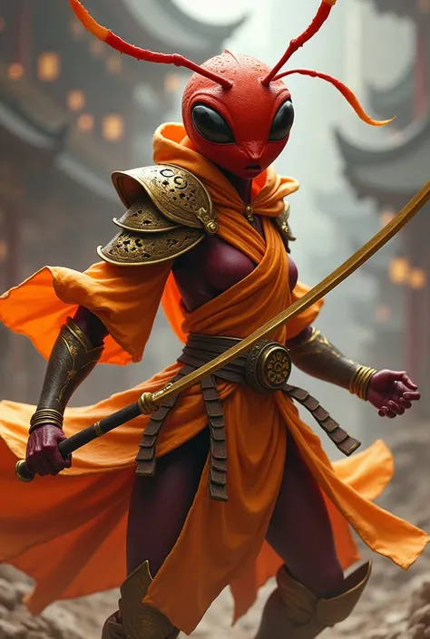 Athletic female anthro ant, ant antenna, ant face, red skin, wearing fantasy orange shaolin monk armor, with gold wolf pattern on armor, wielding a fantasy golden bo staff, on a climactic battle scene, detail, dark anime-style,