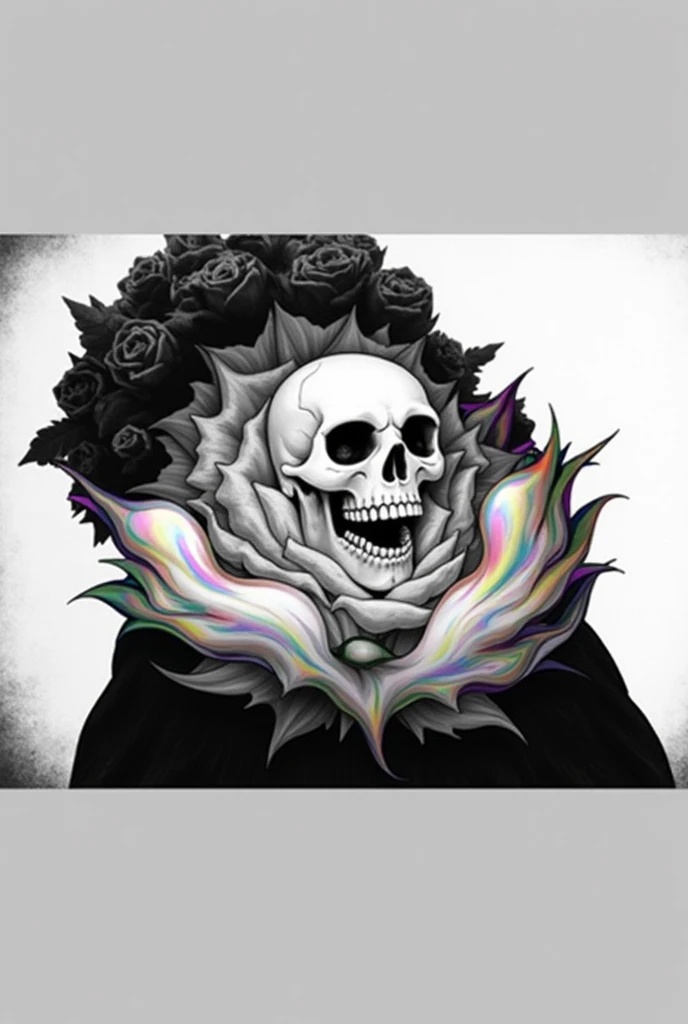 A black rose with a skull in the center with 2 ozes on the sides with multiple colors 