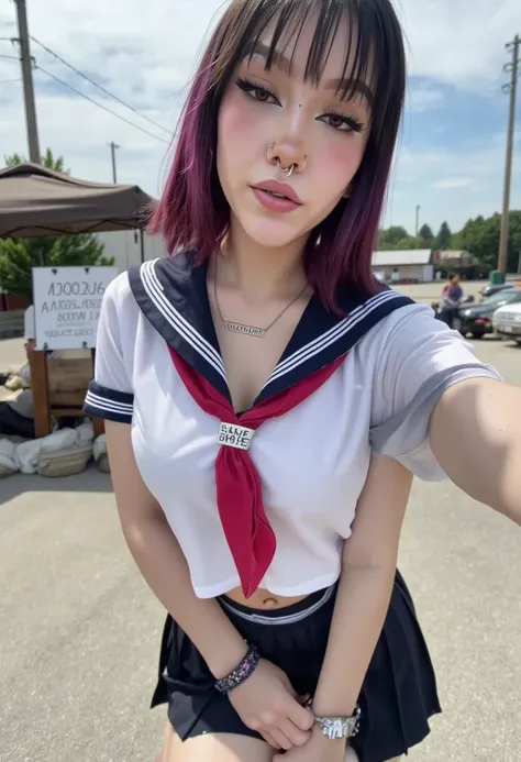 kat, goth girl, egirl, slut, slutty, 1girl, solo, jewelry, necklace, navel, breasts, midriff, realistic, outdoors, belt, selfie, crop top, schoolgirl sailor outfit. The image is a high-resolution photograph of a young woman standing outdoors on a sunny day...