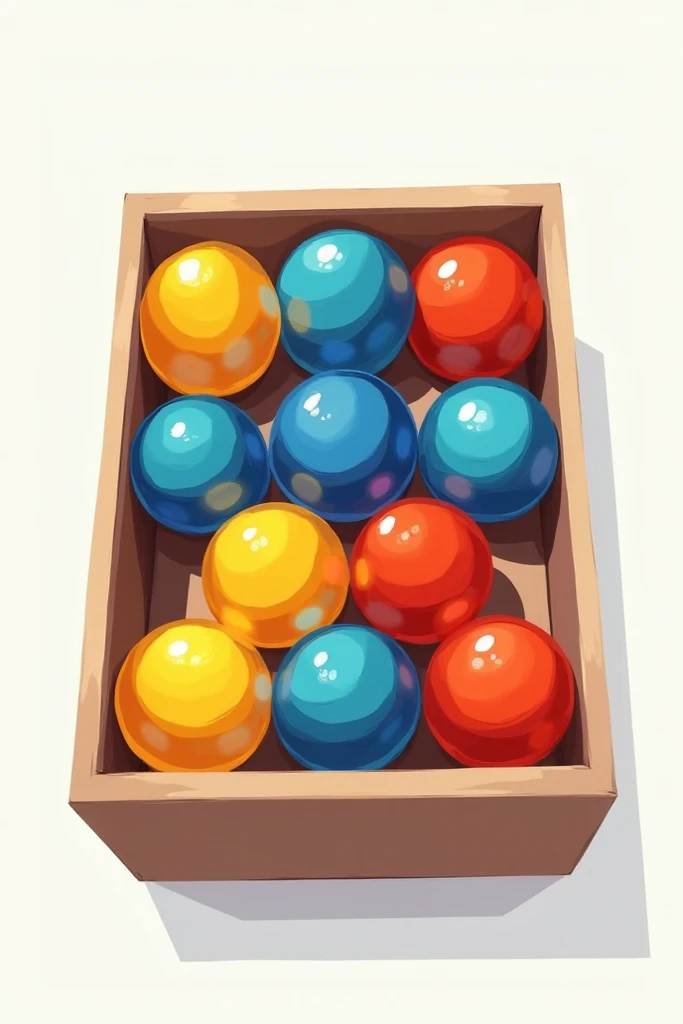 Draw a rectangular box containing: 5 yellow marbles, 3 blue marbles and 2 red marbles. The marbles are all equal in size