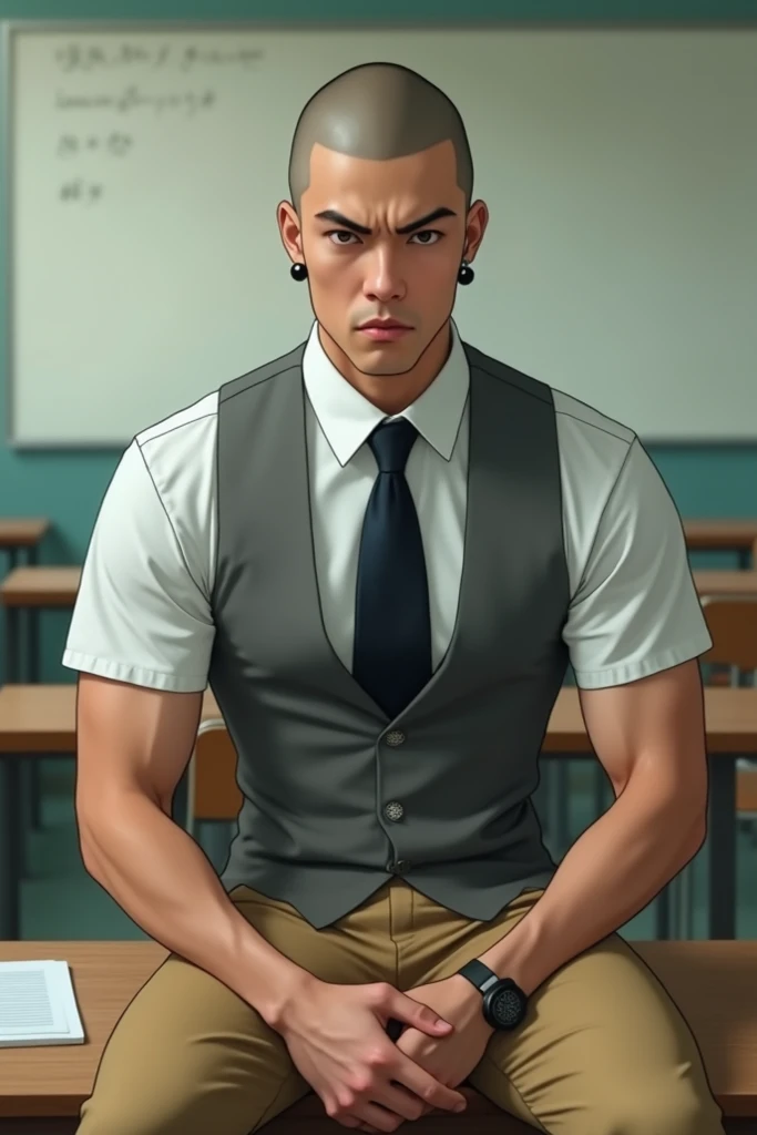 Japanese man, 20 years old, has a shaved head,Fierce-faced, wearing a white formal shirt,((wearing a gray Suit alma mater)), wearing formal Creamy brown in color trousers,Wearing white sports shoes,Sitting on the classroom table,Staring intently at the cam...