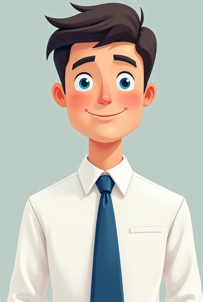 Pixer-style avatar with blue eyes, white shirt with blue tie, light skin color, short hair, charismatic and honest in sales 