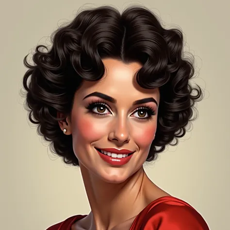 Portrait shot of a 40 year old Elizabeth Taylor, short brunette curly hair. She has a happy look on her face. Parted lips, photorealistic, 4K, high quality, intricate details, highly realistic, masterpiece.