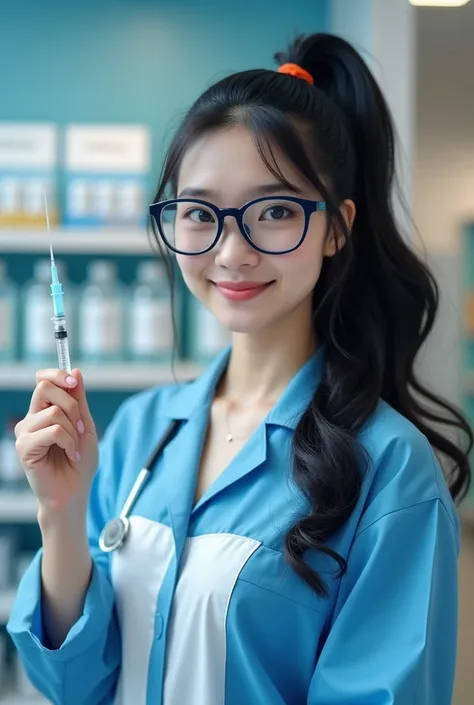  a vibrant female blue shark , face and body of a shark , Young, wearing modern glasses,  long wavy black hair ,  tied in a ponytail , displaying a gentle smile ,  holding an injectable syringe in her right hand, at a pharmacy .