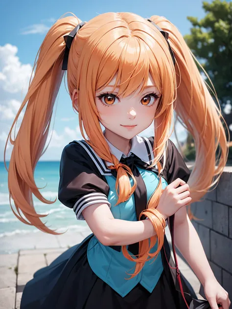 A woman, long hair styled in two ponytails tied with electric blue ribbons, white hair with orange streaks and a subtle sky-orange tint at the tips, ambar eyes, subtle smile, chica de anime con corbata rosa, chica anime llamada lucy, anime moe estilo de ar...