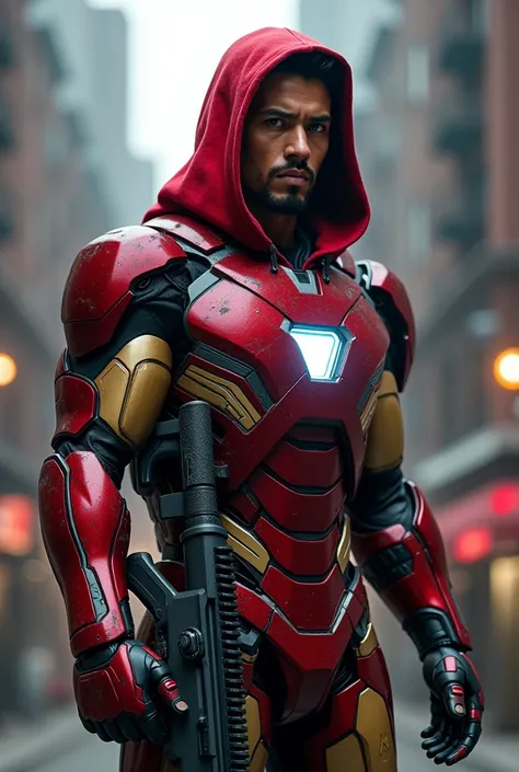 Ironman wear a red hoodie and hold a m16 gun in hand 