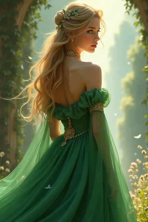 Princess in green looking on the side of her back
