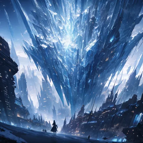 High detailed, night time, a large frozen-solid city, frozen-solid skyscrapers, ice fairies flying around the frozen city, lunar light