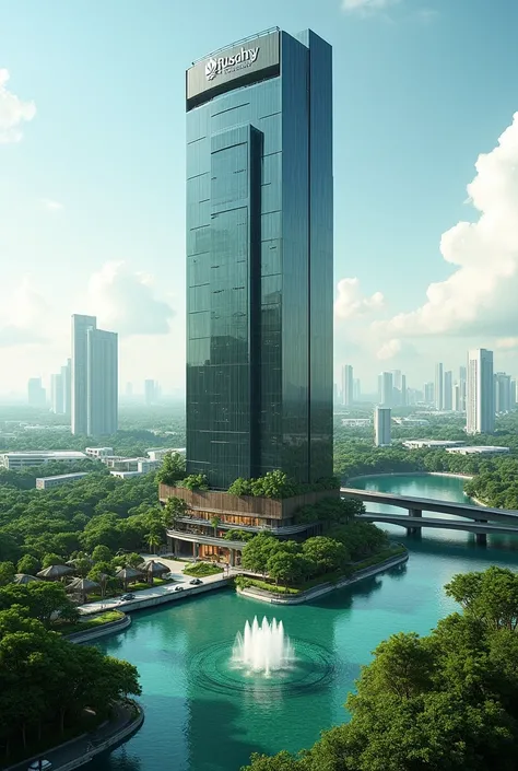 Generate a futuristic big  Luxury TOWER HOTEL, Modern variation building, with the logo RUSDHY Recydence, the fountain gushes beautifully, Large Garden, lake bridge, Green City And Natural Settings As Well There Is A Highway, Green City, surrounded by many...