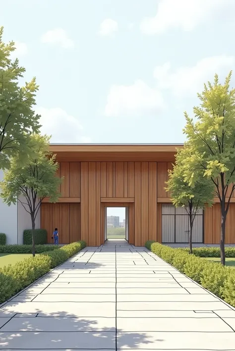 create a sketch image of the building in a populous neighborhood school covers an entire block   ( 100 square meters )  a large two-leaf door separates the entrance to the galleries that lead to the classrooms ,  about 20 meters separate from the building ...