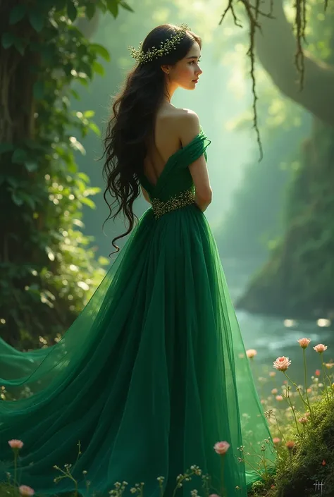 Princess in green looking on the side of her back that she cant see her face

