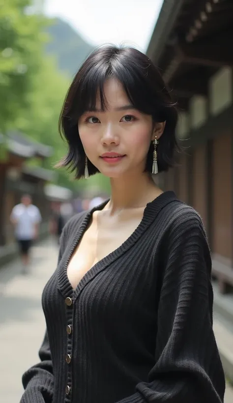  Japanese woman with a viewing angle of　Age 25　 short hair　 black hair　ElegantBeauty 　 standing alone at Kiyomizu-dera in the noon. F cup bust 　 big chest　 knit showing cleavage　Earrings　Elegant　Beauty　Beauty　Elegant　 perfect body　masterpiece,  anatomicall...