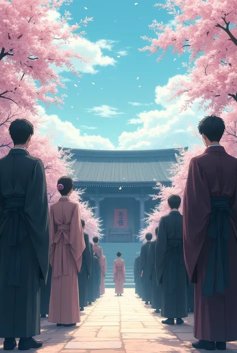 Create an image in the style of Makoto Shinkai A formal ceremony with people dressed in elegant attire, standing in a respectful manner.