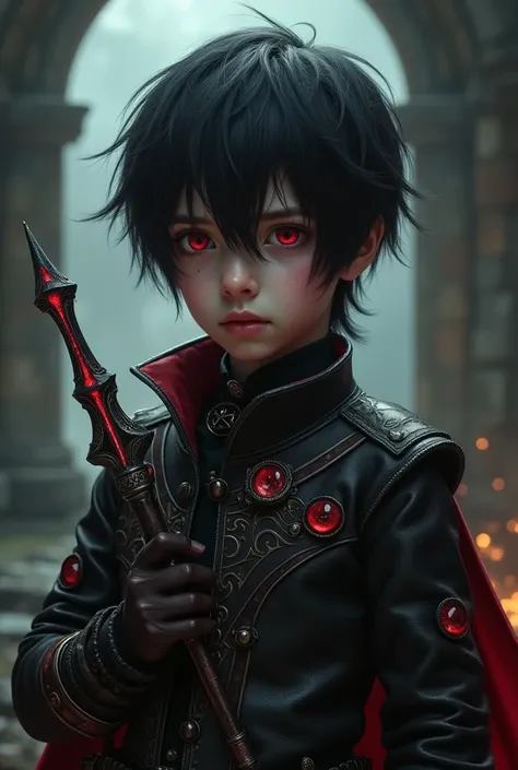 Create final fantasy style a beautiful young boy with short black hair with red eyes with sad and dark expression wearing a black steampunk metallic jacket with red ornaments holding a small matte black blade with red ornaments in a dark castle