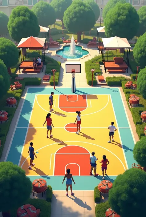 Sports court with recreational area for ren in a community 

