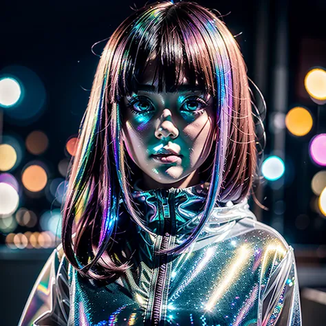 girl, Anime, Looking at Viewer, Bubbles, Highly detailed, Reflective Transparent, Iridescent Opaque Jacket, Long Transparent Iridescent RGB Hair - ar 3:2