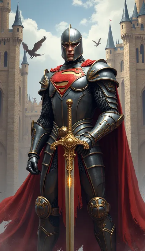 Superman medieval knight ,  with shiny metal armor and a helmet ,  holding a magic sword ,  set against a backdrop of castles and mythological creatures,  like a medieval hero in a fantasy world 