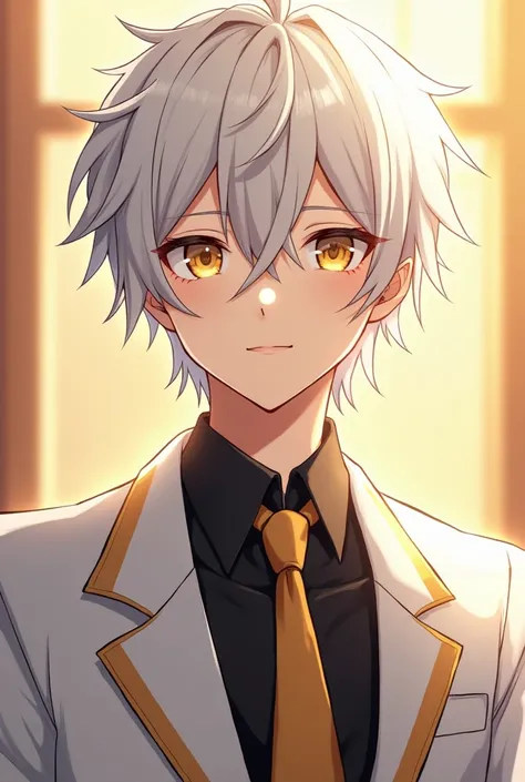 One, male, man, white academy jacket ,  golden eyes ,  black shirt and gold tie , Direct facial treatment ,  Tousled and messy white short hair,  two locks of short hair on the sides ,  Light color and degraded black stripes ., Sunlight, warm light,  anime...