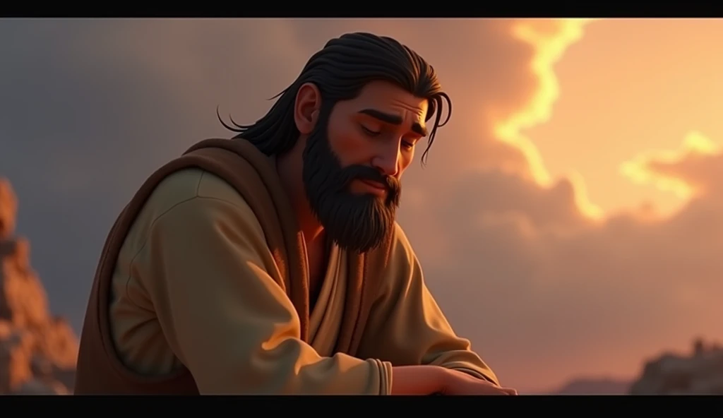 A close-up of a 3D animated Pixar-Disney style cartoon scene showing Job sitting solemnly, his face reflecting deep sorrow but also unwavering faith. His eyes are closed, and his hands rest calmly on his knees, symbolizing his resilience and trust in God d...