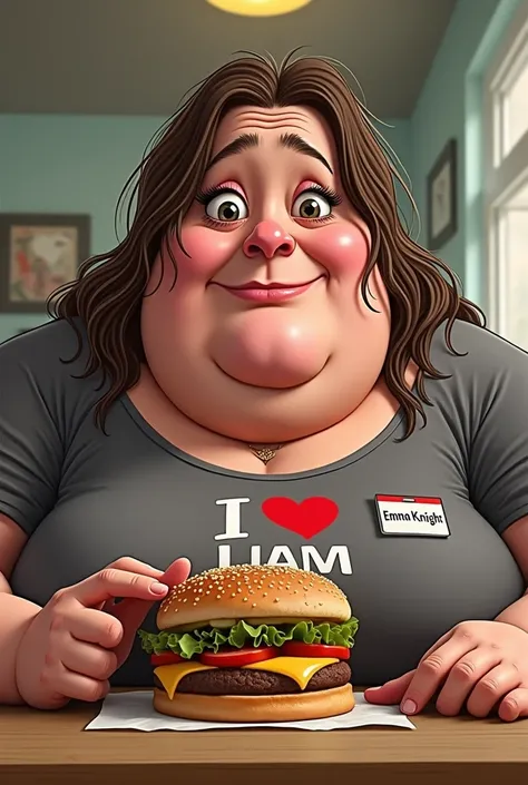 realistic cartoon funny image of obese lady with greasy brown hair eating a burger with a shirt that says “I love liam” and make her very greasy and fat with a name tag that says “emma knight” make her hair extra greasy and her nose big. make her hair down...