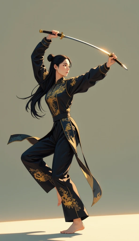 A detailed portrait of a young Chinese woman gracefully dancing with her sword. Her long, jet-black hair flows freely, reaching down to her knees, shimmering with a soft natural sheen. She wears an elegant traditional martial artists outfit made of fine si...